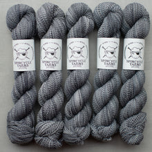 Load image into Gallery viewer, Five skeins of gray yarn with Spincycle Yarns labels on a neutral background