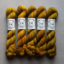 Load image into Gallery viewer, Five skeins of green and yellow yarn with Spincycle Yarns labels on a gray background