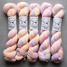 Load image into Gallery viewer, Five skeins of multicolored yarn with Spincycle Yarns labels on a gray background