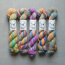 Load image into Gallery viewer, Five skeins of colorful yarn with Spindycle Yarns labels on a gray background