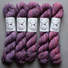 Load image into Gallery viewer, Five skeins of purple and pink yarn with Spincycle Yarns labels on a gray background