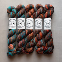 Load image into Gallery viewer, Five skeins of multicolored yarn with labels on a gray background