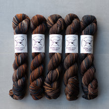 Load image into Gallery viewer, Five skeins of brown yarn with Spincycle Yarns labels on a gray background