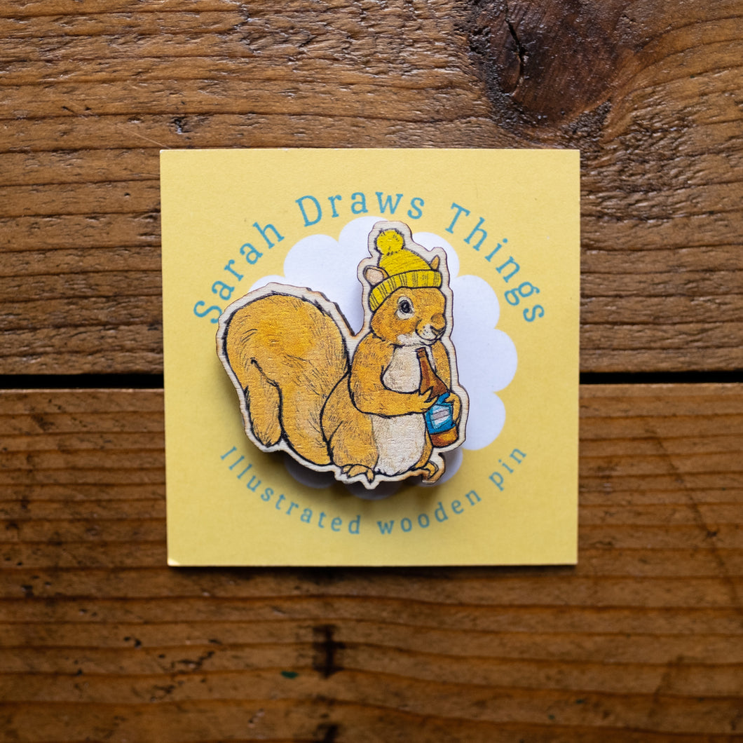Beer Squirrel - Wooden Pin