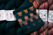 Load image into Gallery viewer, Knitted swatch with fox pattern surrounded by Spincycle Yarns yarn balls