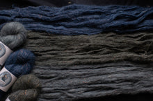 Load image into Gallery viewer, Dark blue and gray yarn with a label on a dark background