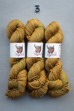 Load image into Gallery viewer, Three skeins of mustard yellow yarn with a label on a gray background