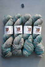 Load image into Gallery viewer, Four skeins of blue and gray yarn with labels on a gray background
