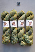 Load image into Gallery viewer, Four skeins of green and brown yarn with labels on a gray background
