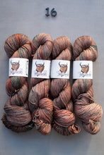 Load image into Gallery viewer, Four skeins of multicolored yarn with labels on a gray background