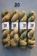 Load image into Gallery viewer, Four skeins of multicolored yarn with a brand label on a gray background
