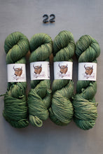 Load image into Gallery viewer, Four skeins of green yarn with labels on a gray background