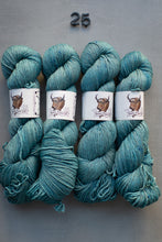 Load image into Gallery viewer, Four skeins of teal yarn with labels on a gray background