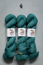 Load image into Gallery viewer, Three skeins of teal yarn with labels on a gray background