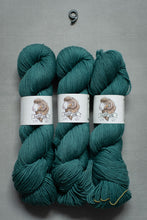 Load image into Gallery viewer, Three skeins of teal yarn with Lion Brand labels on a gray background