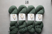 Load image into Gallery viewer, Four skeins of green yarn with labels on a gray background