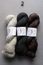 Load image into Gallery viewer, Three skeins of yarn in beige, black, and brown with labels on a gray background.
