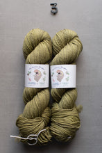 Load image into Gallery viewer, Two skeins of green yarn with labels on a gray background
