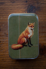 Load image into Gallery viewer, Small rectangular tin with a fox design on a wooden surface