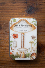 Load image into Gallery viewer, Tin box with mushroom illustrations on a wooden surface