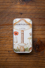 Load image into Gallery viewer, Vintage-style tin box labeled 'Champignons' on a wooden surface