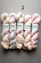Load image into Gallery viewer, Five skeins of pastel yarn with visible brand labels on a gray background