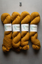 Load image into Gallery viewer, Four skeins of mustard yellow yarn with labels on a gray background
