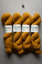 Load image into Gallery viewer, Four skeins of mustard yellow yarn with labels on a gray background