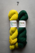 Load image into Gallery viewer, Two skeins of yarn, one yellow and one green, on a gray background with a number 7 above.