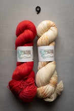 Load image into Gallery viewer, Two skeins of yarn, one red and one beige, on a gray background with 'Great Falls, Montana' labels.