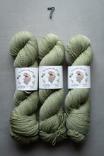 Load image into Gallery viewer, Three skeins of green yarn with labels on a gray background