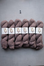 Load image into Gallery viewer, Six skeins of brown yarn with labels on a gray background