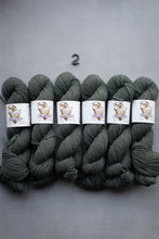 Load image into Gallery viewer, Set of six skeins of dark green yarn with labels on a gray background