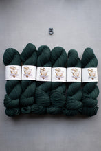 Load image into Gallery viewer, Set of dark green yarn skeins with labels on a gray background