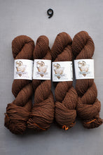 Load image into Gallery viewer, Four skeins of brown yarn with labels on a gray background