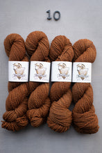 Load image into Gallery viewer, Four skeins of brown yarn with labels on a gray background