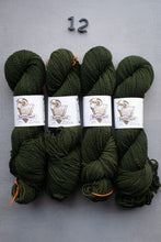Load image into Gallery viewer, Four skeins of green yarn with labels on a gray background