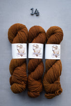 Load image into Gallery viewer, Three skeins of brown yarn with labels on a gray background