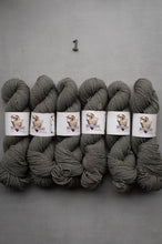 Load image into Gallery viewer, Gray yarn skeins with labels on a gray background