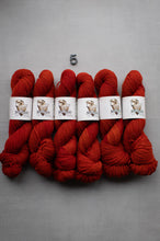 Load image into Gallery viewer, Six red skeins of yarn with labels on a gray background