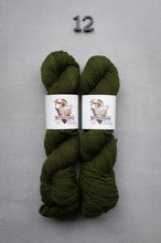 Load image into Gallery viewer, Two skeins of green yarn with labels on a gray background