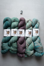Load image into Gallery viewer, Four skeins of yarn in teal, purple, and green on a gray background with labels.