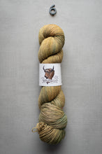 Load image into Gallery viewer, Skein of green yarn with a label on a gray background