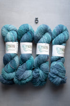Load image into Gallery viewer, Four skeins of blue yarn with labels on a gray surface