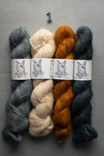 Load image into Gallery viewer, Four skeins of yarn in gray, white, orange, and blue with labels on a gray background.