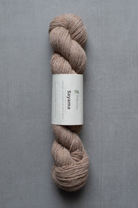 Ball of yarn with a label on a gray background