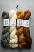 Load image into Gallery viewer, Four skeins of yarn in gray, white, orange, and brown on a gray background with labels.