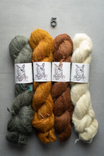 Load image into Gallery viewer, Four skeins of yarn in gray, orange, brown, and white on a gray background with 'Oh Dog!' labels.