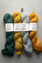 Load image into Gallery viewer, Four skeins of yarn in green, yellow, and gray on a gray background with 'Oh Darn' labels.