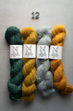 Load image into Gallery viewer, Four skeins of yarn in green, yellow, and gray on a gray background with a number 12.
